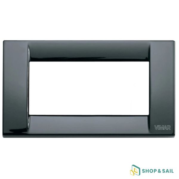 Plaque de finition Vimar IDEA Classica 4 modules en métal noir. Finition laquée brillante, montage horizontal ou vertical pour une installation élégante.