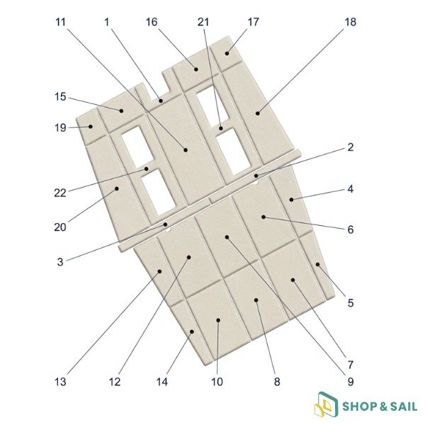 Vaigrage beige avec contreplaqué pour Nautitech 46 Open-plan Vaigrage avec contreplaqué beige d'origine pour Nautitech 46 Open. Remplacez vos panneaux d'habillage intérieur en sélectionnant les éléments souhaités sur le plan.