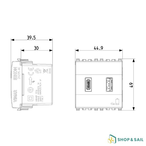 Alimentation Eikon USB A+C Vimar-1 Alimentation USB A+C Vimar Eikon 20295.AC blanche avec ports USB type A et C pour installation électrique de bateau.