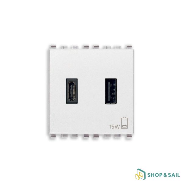 Alimentation USB A+C Vimar Eikon 20295.AC blanche avec ports USB type A et C pour installation électrique de bateau.