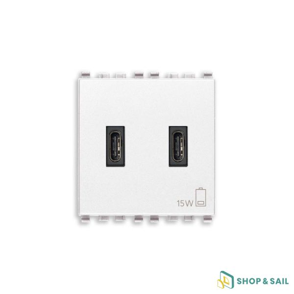 Prise alimentation Vimar Eikon USB C+C blanche avec double port USB-C pour recharge d’appareils électroniques sur bateau.