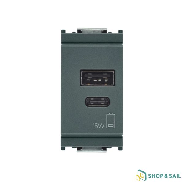 Prise alimentation USB A+C grise 5V 3A 15W avec ports USB-A et USB-C pour installation électrique de bateau.