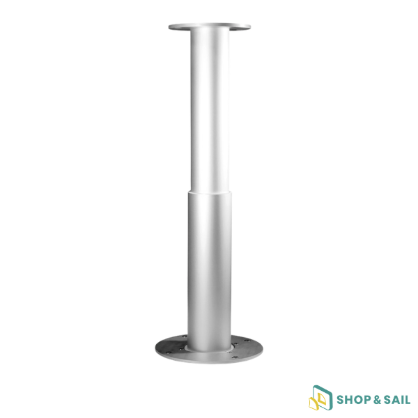 Pied de table électrique rétractable Noval 12 V en aluminium anodisé, disponible en version fixe ou pivotante à 90°. Installation encastrée au sol, intérieur ou extérieur.
