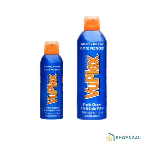 Aérosol nettoyant antistatique Vuplex pour plexiglas et surfaces plastiques de bateau, disponible en 235 ml et 445 ml.
